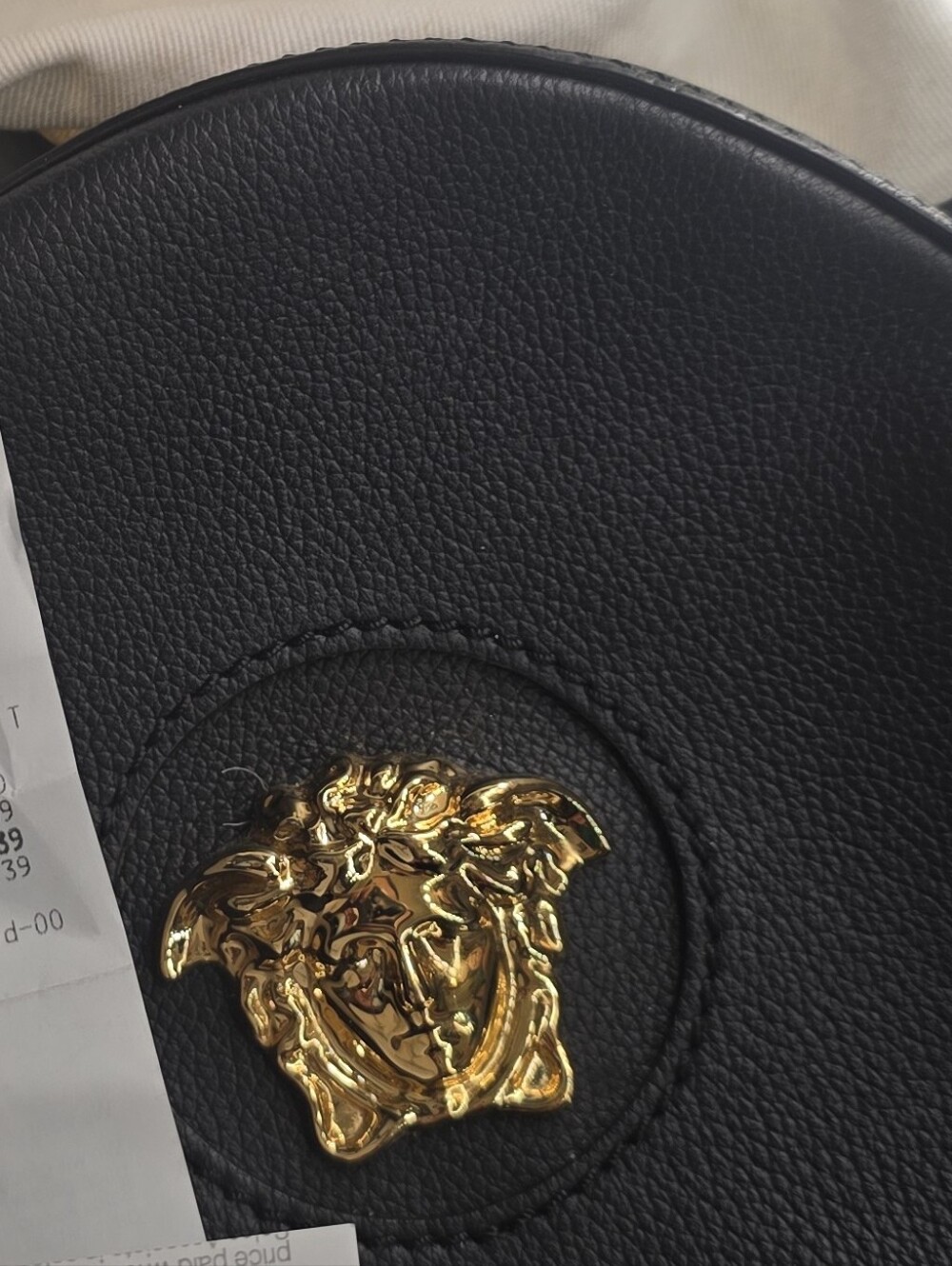 Versace Black Round Leather Crossbody with Gold Medusa Emblem